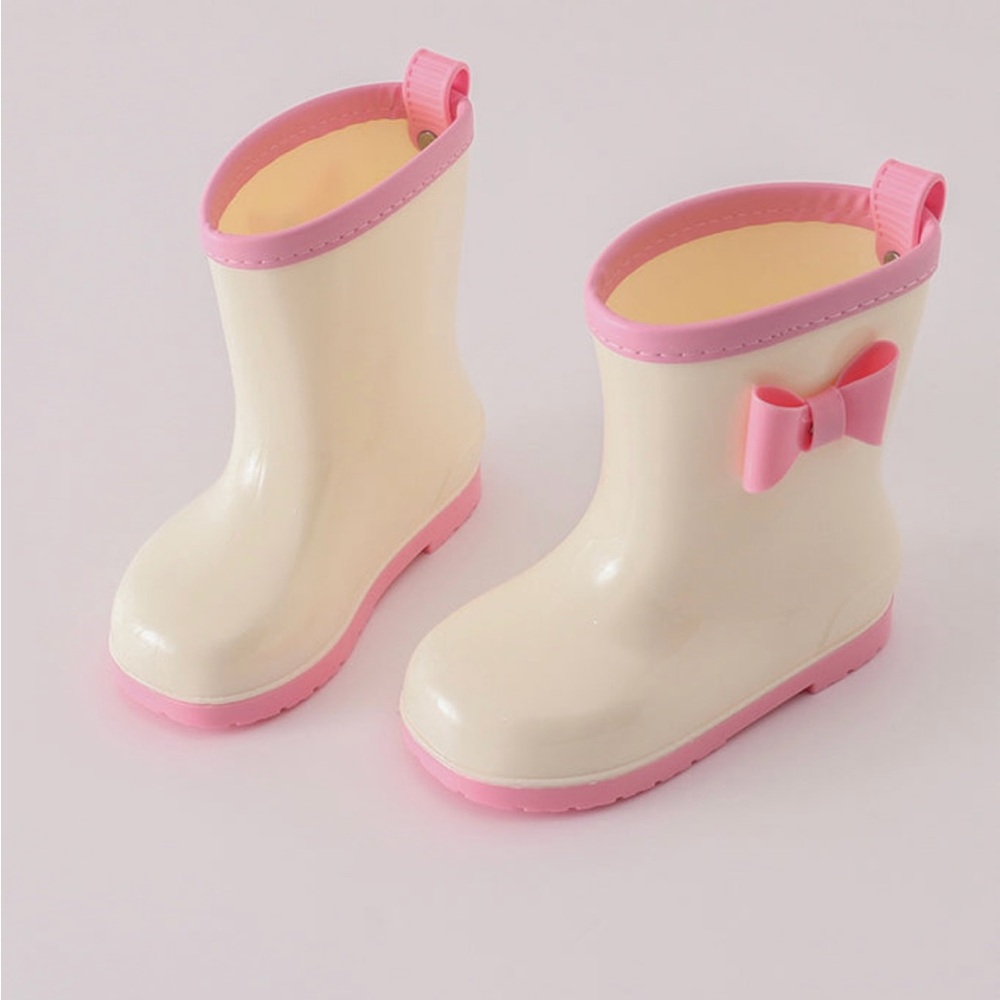 Cream and Pink Bow Rain Boots